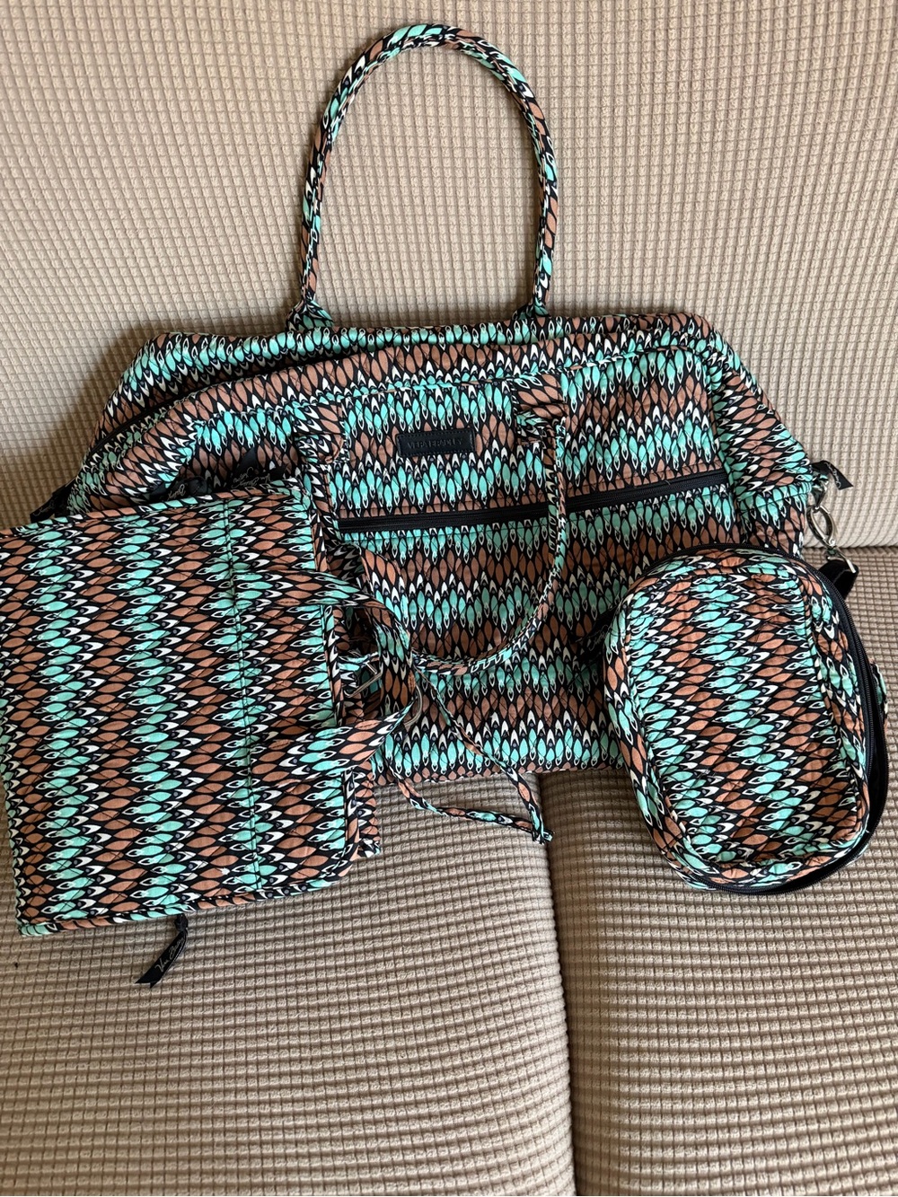 Vera Bradley Turquoise and Brown Patterned Travel Bag Set